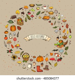 Hand drawn doodle Autumn icons set. Vector illustration. Fall symbols collection. Cartoon various seasonal elements: turkey, harvest, vegetables, pumpkin pie, leaves, trees, hot tea, wine, mushrooms