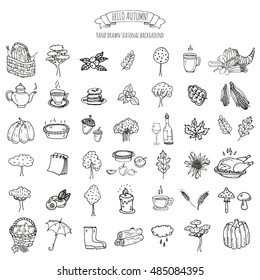 Hand drawn doodle Autumn icons set. Vector illustration. Fall symbols collection. Cartoon various seasonal elements: turkey, harvest, vegetables, pumpkin pie, leaves, trees, hot tea, wine, mushrooms