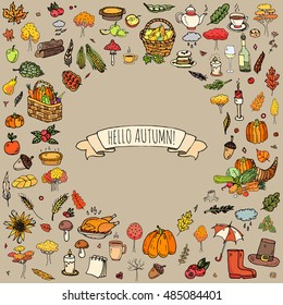 Hand drawn doodle Autumn icons set. Vector illustration. Fall symbols collection. Cartoon various seasonal elements: turkey, harvest, vegetables, pumpkin pie, leaves, trees, hot tea, wine, mushrooms