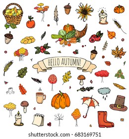 Hand drawn doodle Autumn icons set. Vector illustration. Fall symbols collection. Cartoon various seasonal elements: turkey, harvest, vegetables, pumpkin pie, leaves, trees, hot tea, wine, mushrooms