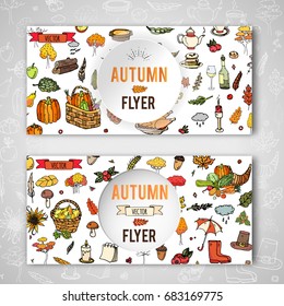 Hand drawn doodle Autumn icons set. Vector illustration. Fall symbols collection. Cartoon seasonal card template elements: turkey, harvest, vegetables, pumpkin pie, leaves, trees, hot tea, mushrooms