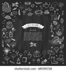 Hand drawn doodle Autumn icons set. Vector illustration. Fall symbols collection. Cartoon various seasonal elements: turkey, harvest, vegetables, pumpkin pie, leaves, trees, hot tea, wine, mushrooms
