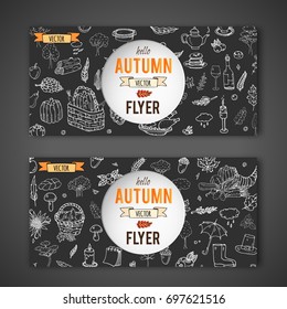 Hand drawn doodle Autumn icons set. Vector illustration. Fall symbols collection. Cartoon seasonal poster template elements: turkey, harvest, vegetables, pumpkin pie, leaves, trees, hot tea, mushrooms