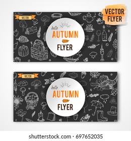 Hand drawn doodle Autumn icons set. Vector illustration. Fall symbols collection. Cartoon seasonal card template elements: turkey, harvest, vegetables, pumpkin pie, leaves, trees, hot tea, mushrooms