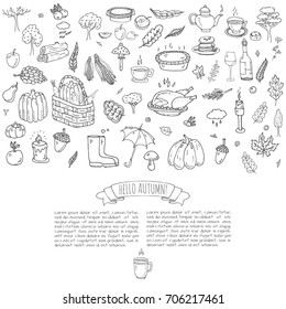 Hand drawn doodle Autumn icons set. Vector illustration. Fall symbols collection. Cartoon various seasonal elements: turkey, harvest, vegetables, pumpkin pie, leaves, trees, hot tea, wine, mushrooms