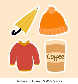 Hand Drawn Doodle Autumn  Illustration Set. Fall Vibe Icon. Umbrella, Beanie, Sweater, Coffee Sticker Clip Art Collection on Cream Background Vector EPS 10