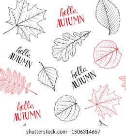 Hand drawn doodle autumn leafes seamless pattern with hello autumn lettering. Autumn vector background for print, textile, web isolated on white background