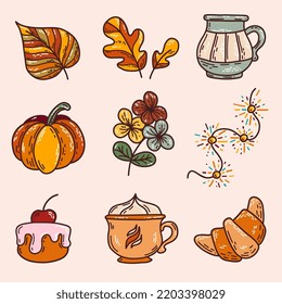 Hand drawn doodle Autumn set. Vector illustration. Fall symbols collection. Cartoon various seasonal elements: garland, pumpkin, croissant, leaves, coffee, decanter, cupcake