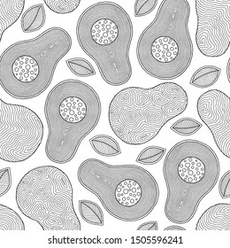 Hand drawn doodle avocado seamless pattern. Whole avocado, sliced pieces sketch. Tropical summer fruit engraved style background. Detailed food drawing.  