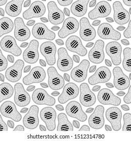 Hand drawn doodle avocado seamless pattern. Whole avocado, sliced pieces sketch. Tropical summer fruit engraved style background. Detailed food drawing.  