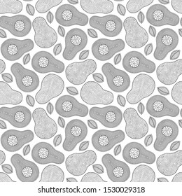 Hand drawn doodle avocado seamless pattern. Whole avocado, sliced pieces sketch. Tropical summer fruit engraved style background. Detailed food drawing.  