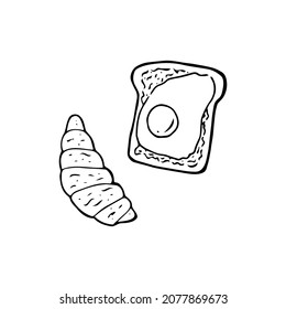 Hand drawn doodle avocado toast with egg and croissant. Breakfast.