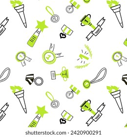 Handgezeichnet doodle Preise Design Hintergrund mit grünen Elementen. Vektorgrafik mit Umriss- und Farbelementen - Tassen, brennende Taschenlampe, Medaillen. 