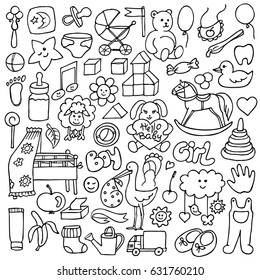 Hand drawn doodle baby object set. Vector illustration for textile prints, coloring books, postcards.
