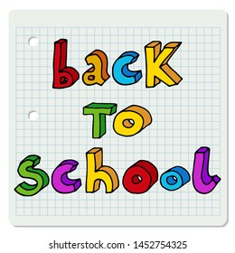 Hand drawn doodle Back to School multicolor words over chequered notebook page. Vector education illustration.