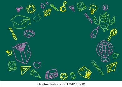 Doodle dibujado a mano Volver a los íconos escolares conjunto Ilustración vectorial colección de símbolos educativos Caricatura varios elementos de aprendizaje: Portátil; Casilla de almuerzo; Bolsa; Microscopio; Telescopio; Libros; Bus de esbozo de lápiz