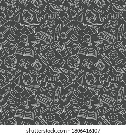 Hand drawn doodle Back to school seamless pattern with  school supplies isolated on dark gray background. Vector illustration with stationery for wrapping, wallpaper,  textile