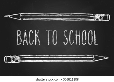 Hand drawn doodle Back to School words and two pencils over black chalkboard.