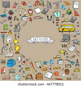 Hand drawn doodle Back to school icons set Vector illustration educational symbols collection Cartoon various learning elements: Laptop; Lunch box; Bag; Microscope; Telescope; Books; Pencil Sketch bus