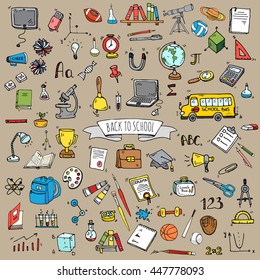 Hand drawn doodle Back to school icons set Vector illustration educational symbols collection Cartoon various learning elements: Laptop; Lunch box; Bag; Microscope; Telescope; Books; Pencil Sketch bus