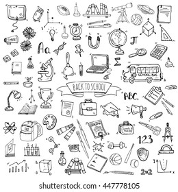 Hand drawn doodle Back to school icons set Vector illustration educational symbols collection Cartoon various learning elements: Laptop; Lunch box; Bag; Microscope; Telescope; Books; Pencil Sketch bus