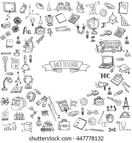 Hand Drawn Doodle Back To School Icons Set Vector Illustration Educational Symbols Collection Cartoon Various Learning Elements: Laptop; Lunch Box; Bag; Microscope; Telescope; Books; Pencil Sketch Bus