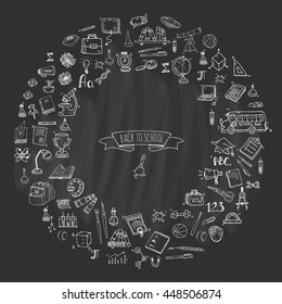 Hand drawn doodle Back to school icons set Vector illustration Cartoon various learning elements: Laptop; Lunch box; Bag; Microscope; Telescope; Books; Pencil Sketch bus