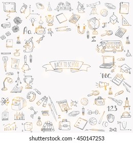 Hand drawn doodle Back to school icons set Vector illustration educational symbols collection Cartoon various learning elements: Laptop; Lunch box; Bag; Microscope; Telescope; Books; Pencil Sketch bus