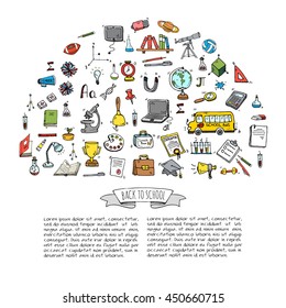 Hand drawn doodle Back to school icons set Vector illustration educational symbols collection Cartoon various learning elements: Laptop; Lunch box; Bag; Microscope; Telescope; Books; Pencil Sketch bus