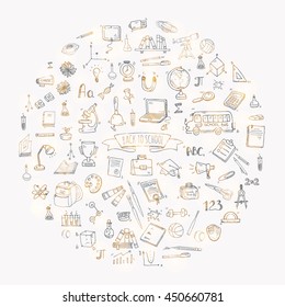 Hand drawn doodle Back to school icons set. Vector illustration. Cartoon. Educational elements: Laptop; Lunch box; Bag; Microscope; Telescope; Books; Pencil. Sketch bus
