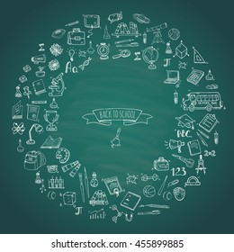 Hand drawn doodle Back to school icons set. Vector illustration. Educational symbols. Cartoon various learning elements: Laptop; Lunch box; Bag; Microscope; Telescope; Books; Pencil Sketch bus
