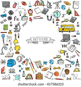 Hand Drawn Doodle Back To School Icons Set. Vector Illustration. Cartoon. Educational Elements: Laptop; Lunch Box; Bag; Microscope; Telescope; Books; Pencil. Sketch Bus