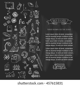 Hand drawn doodle Back to school icons set. Vector illustration. Cartoon. Educational elements: Laptop; Lunch box; Bag; Microscope; Telescope; Books; Pencil. Sketch bus