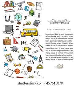 Hand drawn doodle Back to school icons set. Vector illustration. Cartoon. Educational elements: Laptop; Lunch box; Bag; Microscope; Telescope; Books; Pencil. Sketch bus