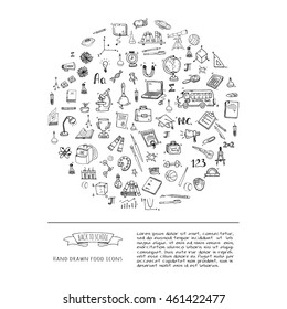 Hand drawn doodle Back to school icons set. Vector illustration. Cartoon. Educational elements: Laptop; Lunch box; Bag; Microscope; Telescope; Books; Pencil. Sketch bus