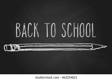 Hand drawn doodle Back to School words and a pencil over black chalkboard.
