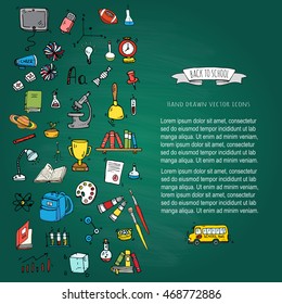 Hand drawn doodle Back to school icons set. Vector illustration. Cartoon. Educational elements: Laptop; Lunch box; Bag; Microscope; Telescope; Books; Pencil. Sketch bus