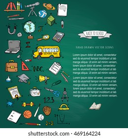 Hand drawn doodle Back to school icons set Vector illustration educational symbols collection Cartoon various learning elements: Laptop; Lunch box; Bag; Microscope; Telescope; Books; Pencil Sketch bus