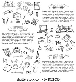 Hand drawn doodle Back to school icons set. Vector illustration. Cartoon. Educational elements: Laptop; Lunch box; Bag; Microscope; Telescope; Books; Pencil, Math, Science, Sport, Baseball. Sketch bus