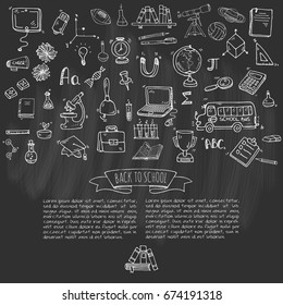 Hand drawn doodle Back to school icons set. Vector illustration. Cartoon. Educational elements: Laptop; Lunch box; Bag; Microscope; Telescope; Books; Pencil, Math, Science, Sport, Baseball. Sketch bus