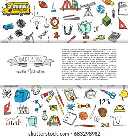 Hand drawn doodle Back to school icons set Vector illustration educational symbols collection Cartoon various learning elements: Laptop; Lunch box; Bag; Microscope; Telescope; Books; Pencil Sketch bus