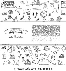 Hand drawn doodle Back to school icons set Vector illustration educational symbols collection Cartoon various learning elements: Laptop; Lunch box; Bag; Microscope; Telescope; Books; Pencil Sketch bus