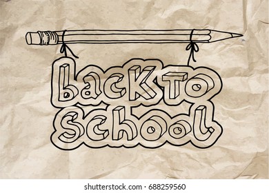 Hand drawn doodle Back to School words hanging on a pencil over brown crumpled paper.