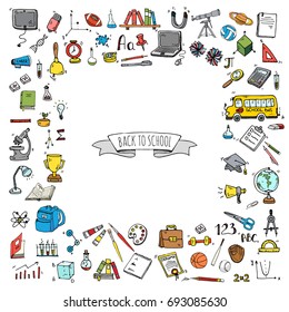 Hand drawn doodle Back to school icons set Vector illustration educational symbols collection Cartoon various learning elements: Laptop; Lunch box; Bag; Microscope; Telescope; Books; Pencil Sketch bus