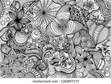 Hand drawn doodle backdrop pattern with numerous different elements. Black tracery on white background, vector illustration