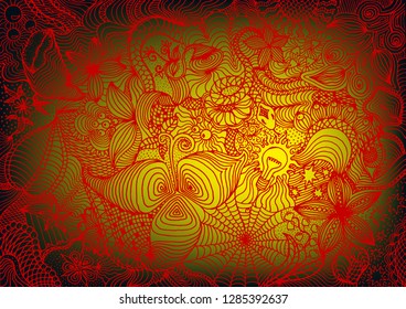 Hand drawn doodle backdrop pattern with numerous different elements. Red tracery on yellow-green gradient background, vector illustration