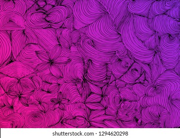 Hand drawn doodle backdrop pattern with different elements. Black tracery on pink and lilac gradient background, vector illustration