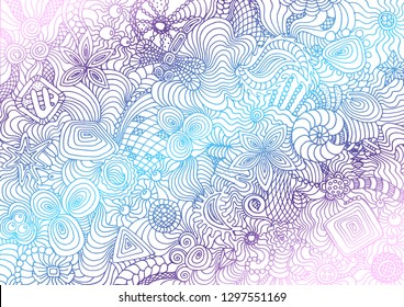 Hand drawn doodle backdrop pattern with different elements. Lilac, pink and blue gradient tracery on white background, vector illustration