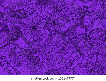 Hand drawn doodle backdrop pattern with numerous different nature elements. Dark purple tracery on lilac background, vector illustration