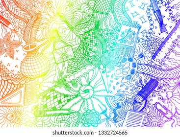 Hand drawn doodle backdrop pattern with numerous different school and office items. Rainbow colored tracery on white background, vector illustration
